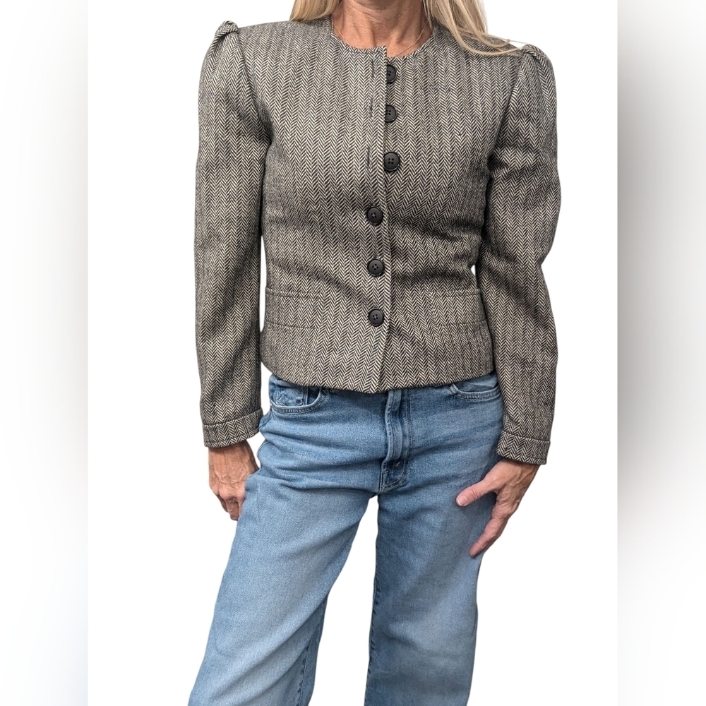 Vintage 80s Cashmere Merino Wool Herringbone Puff Sleeve Jacket Sz 4